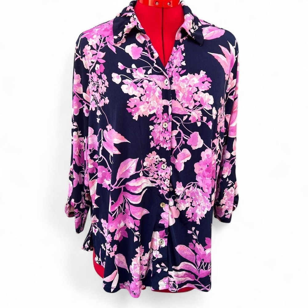 joie de vivre navy & pink floral button up collar shirt cuffed sleeves size 1X